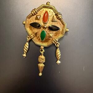 Vintage Etruscan Revival Gold Tone Enamel Chandelier Brooch